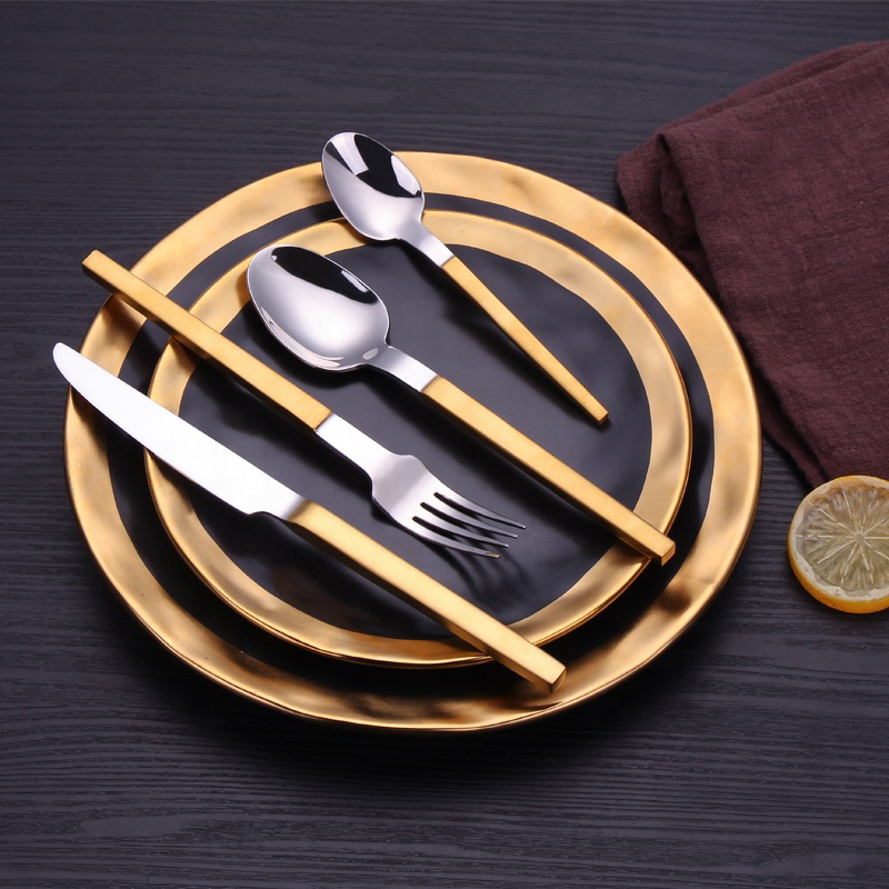 матово злато \/ черна дръжка метален комплект за прибори за хранене от неръждаема стомана