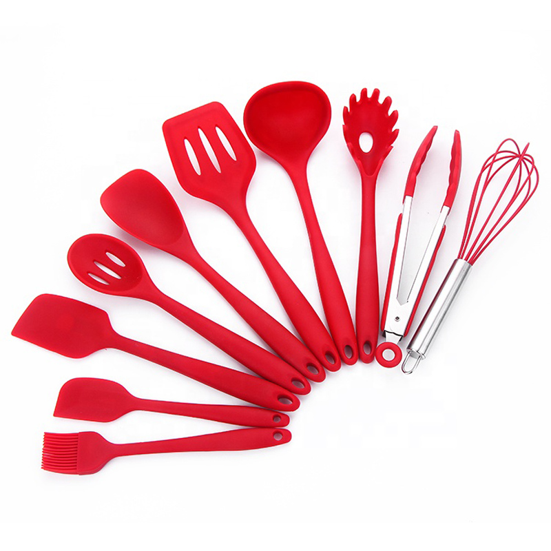 На едро черно червен лесен чист готварски комплект за инструменти 10 части комплект кухненска силиконова посуда